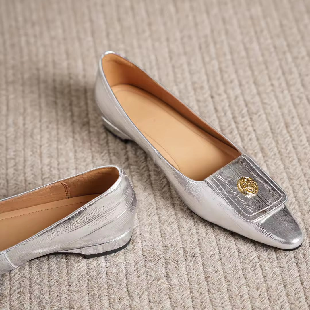Ariella Silver Metal Buckle Slip-on Flats