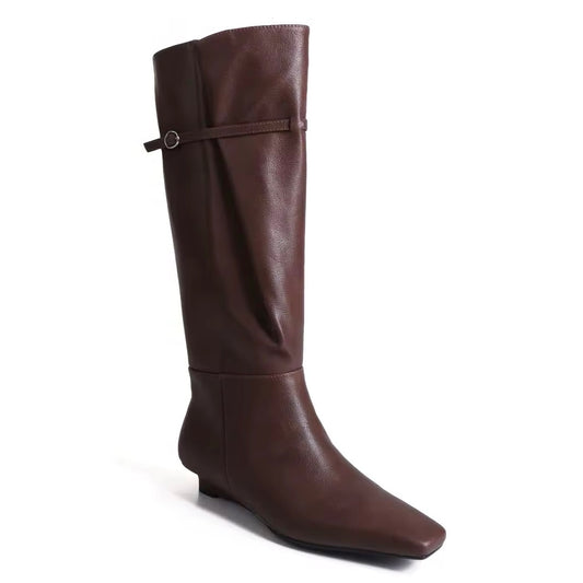 SHOPWGP Victoria Brown Square Toe Wedge Knee High Boots