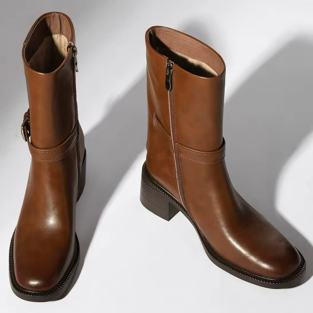 Mattea Mid-Calf Brown Block Boots