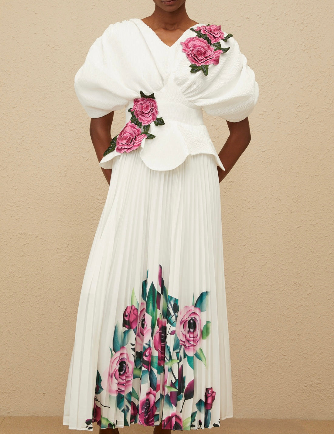 Queen Sheila White Rose Appliqué Maxi Dress