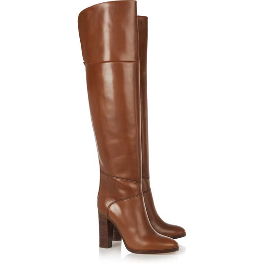 Agnes Brown Over Knee Leather Block Heel Boots