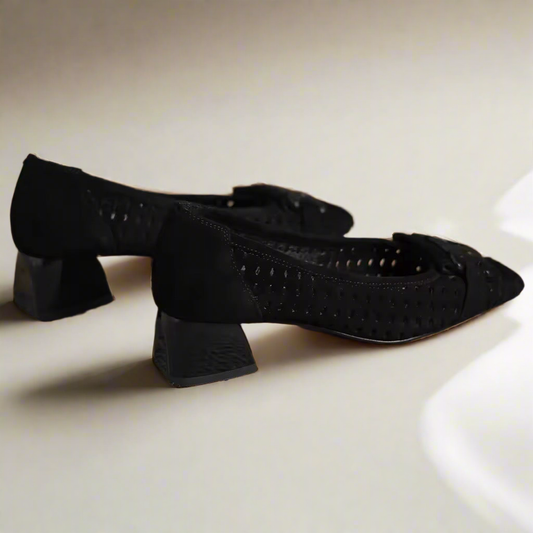 Crochet Black Leather Buckle Pump