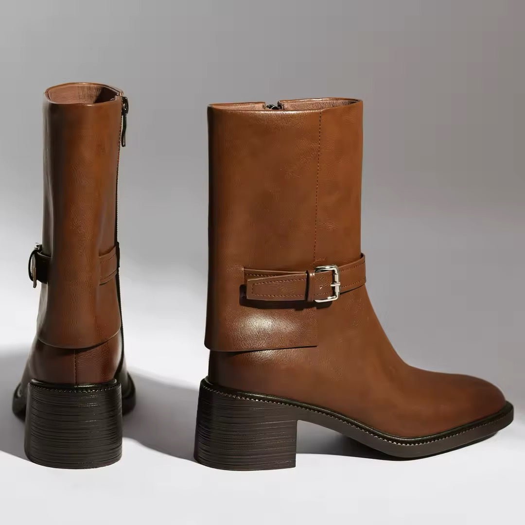 Mattea Mid-Calf Brown Block Boots