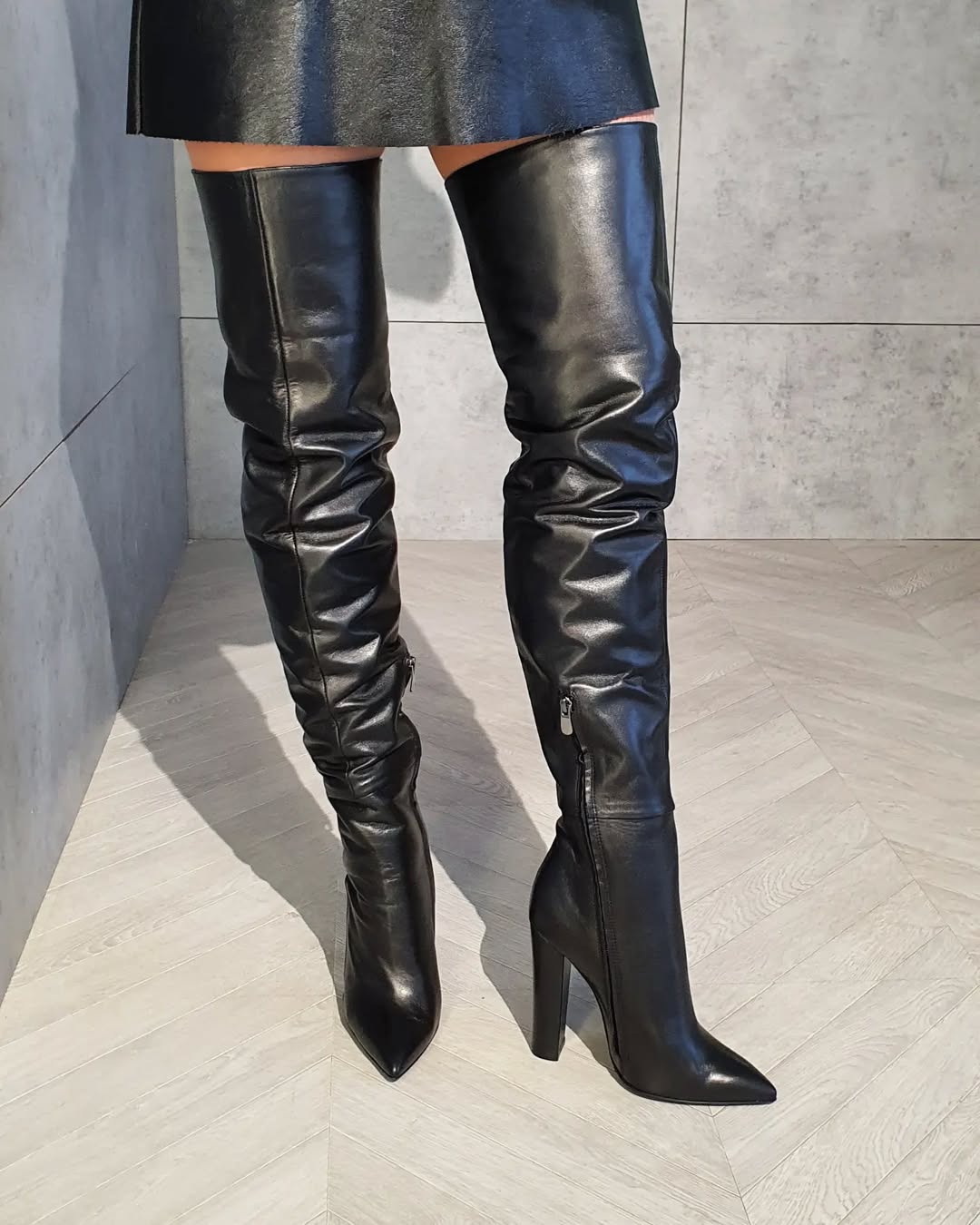 Candace Black Block Heel Thigh High Boots