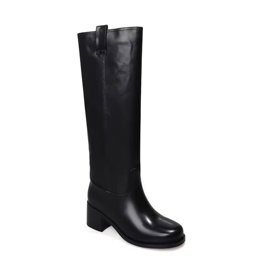 Lucia Black Knee High Block Heel Leather Boot