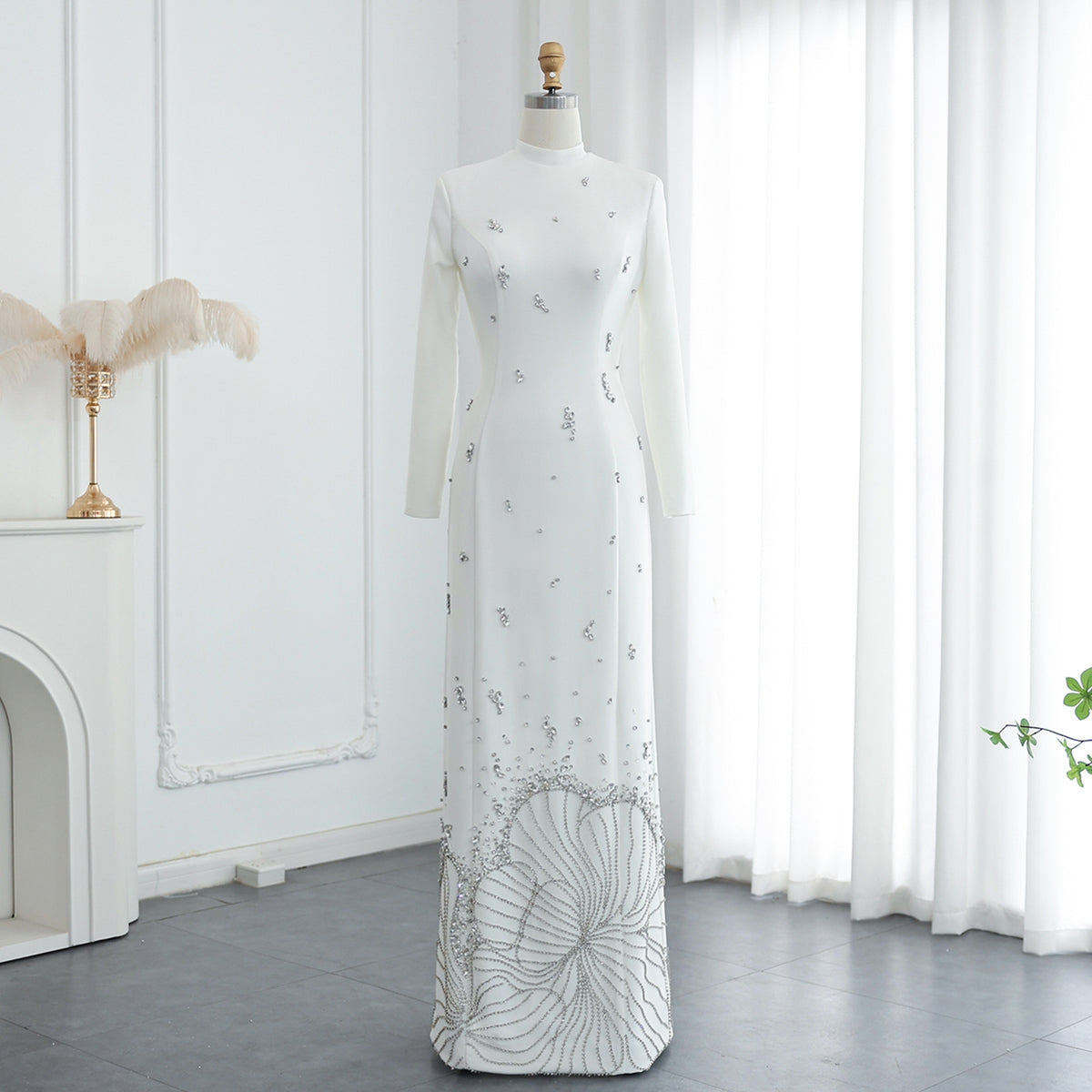 Ruby White Long Sleeved Diamond Maxi Dress