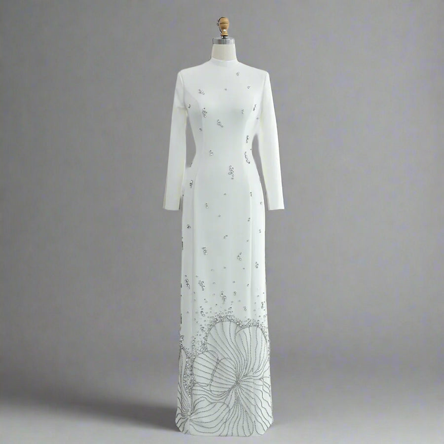Ruby White Long Sleeved Diamond Maxi Dress