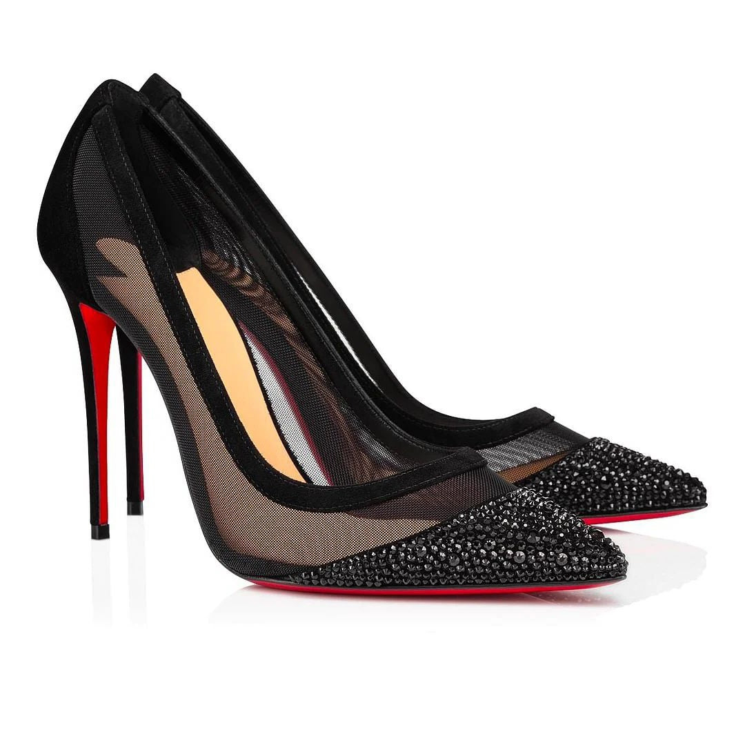 Amariah Black Mesh Crystal Embellished Heels