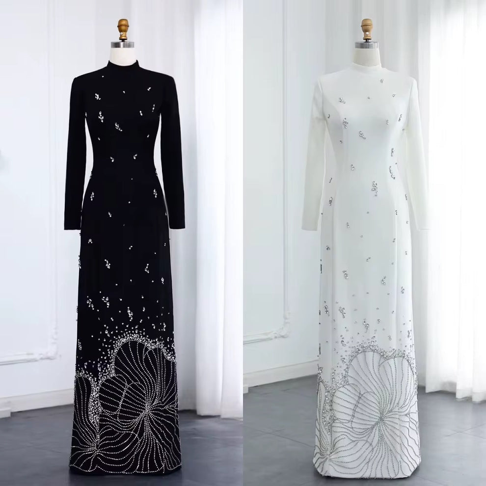 Ruby White Long Sleeved Diamond Maxi Dress