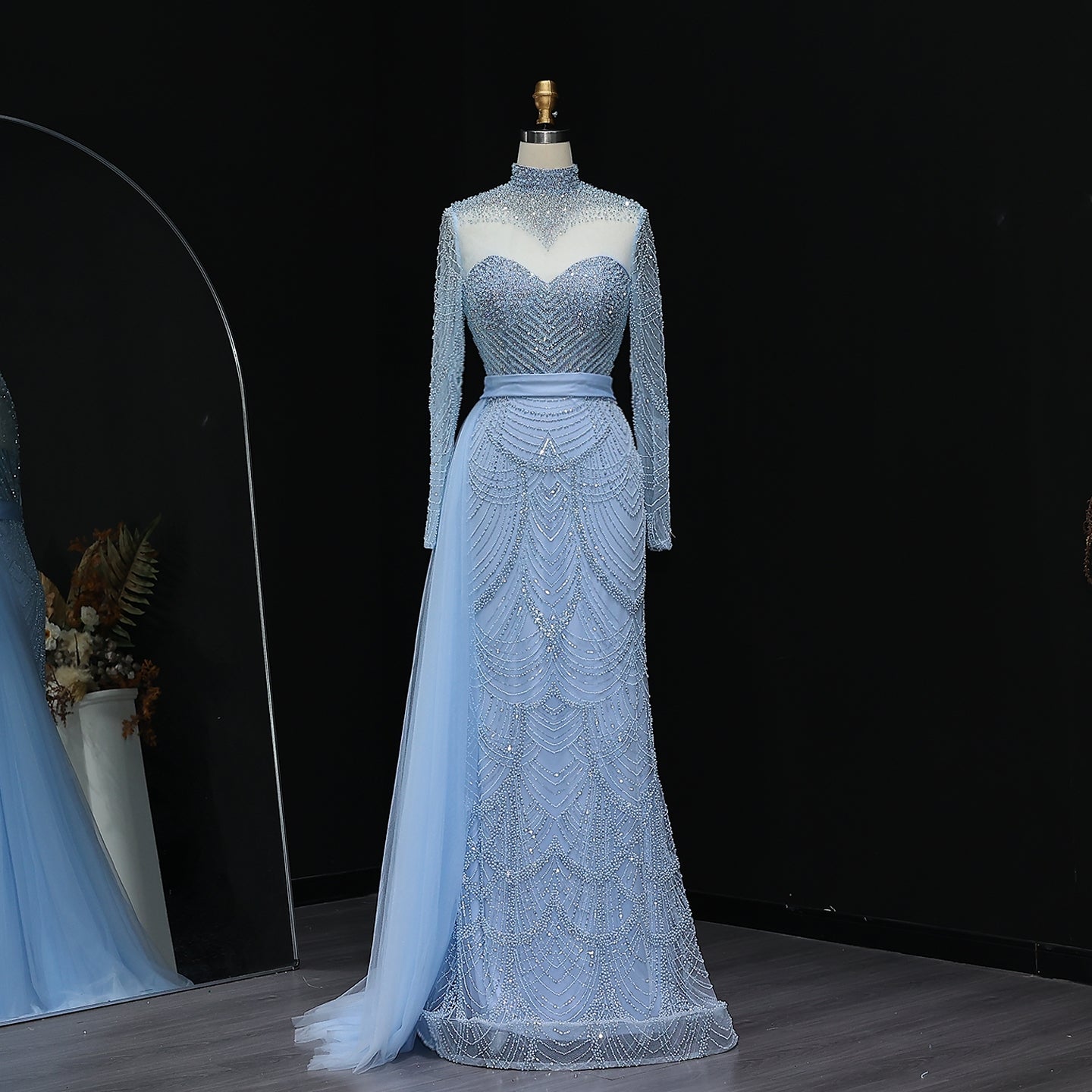 Tehilla Blue Long Sleeve High Neck Evening Dress
