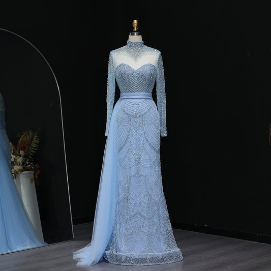 Tehilla Blue Long Sleeve High Neck Evening Dress