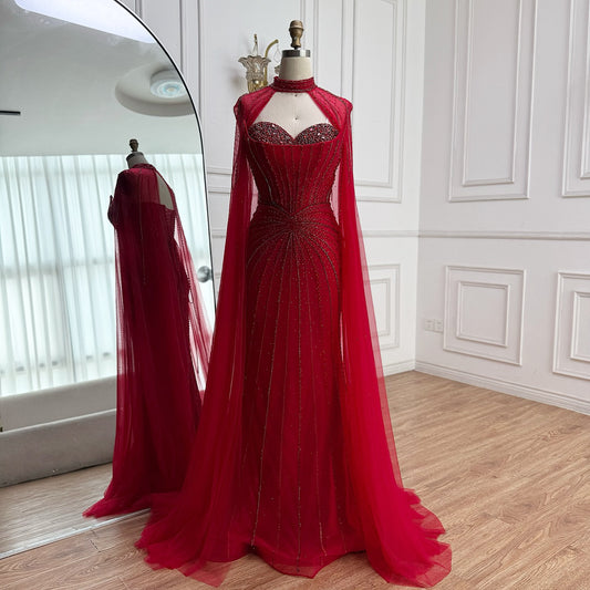 Ruby Vered Red Beaded Mermaid Cape Sleeves Evening Dress