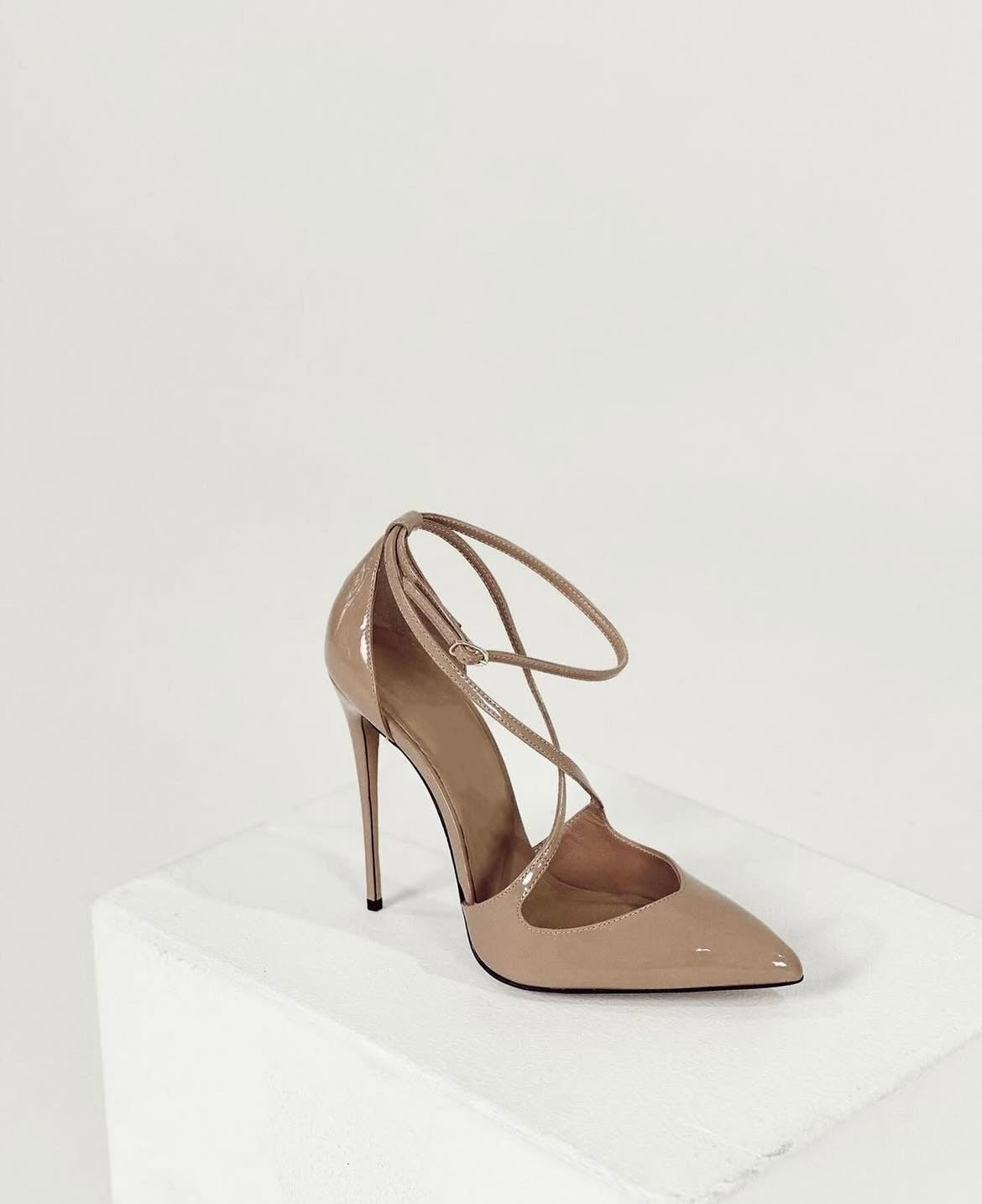 Isabelle Nude Patent Cross Strap Heels