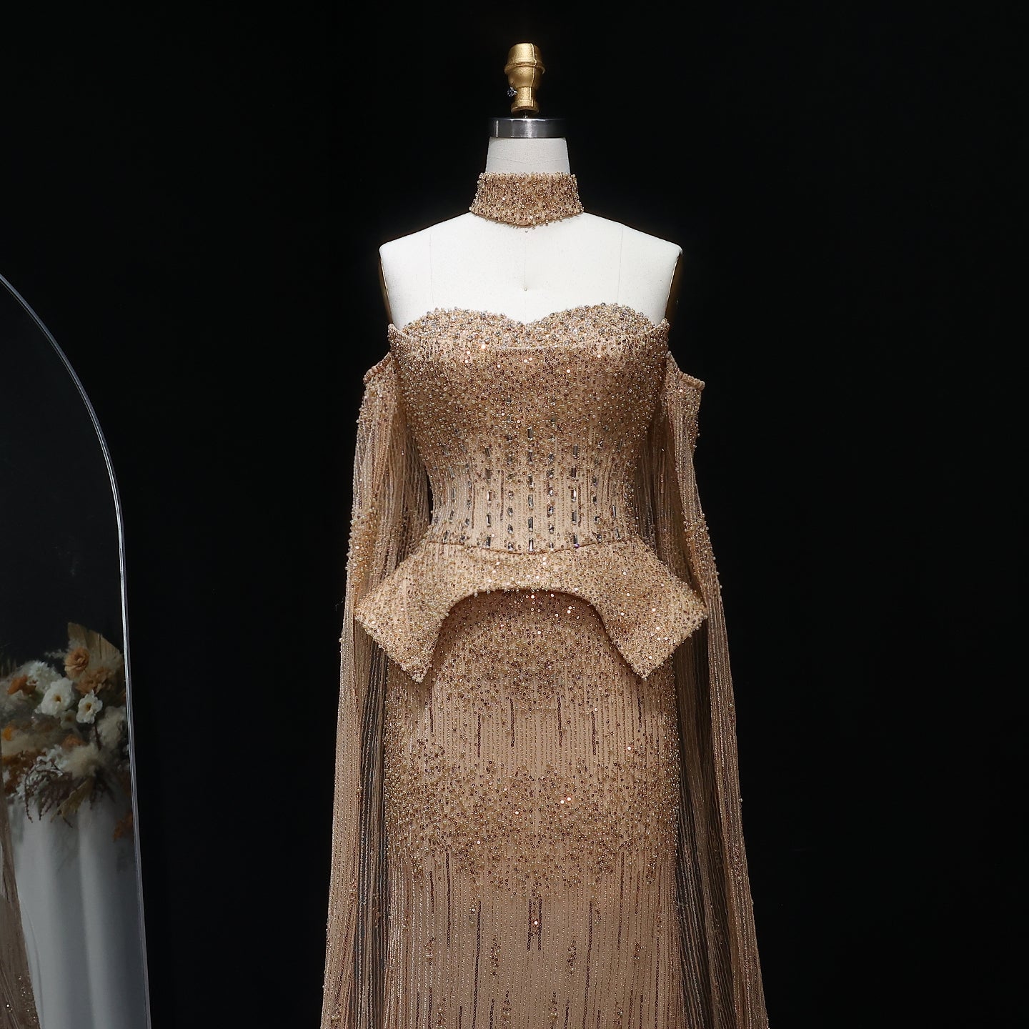 Beatha Crystal Evening Off-Shoulder Cape Dress