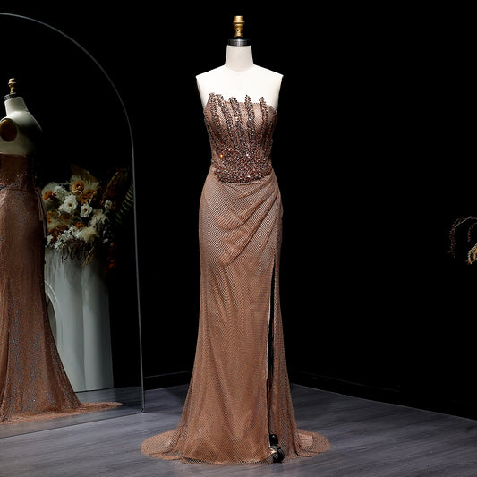 Shalev Caramel Sparkly Crystal Mermaid Evening Dress