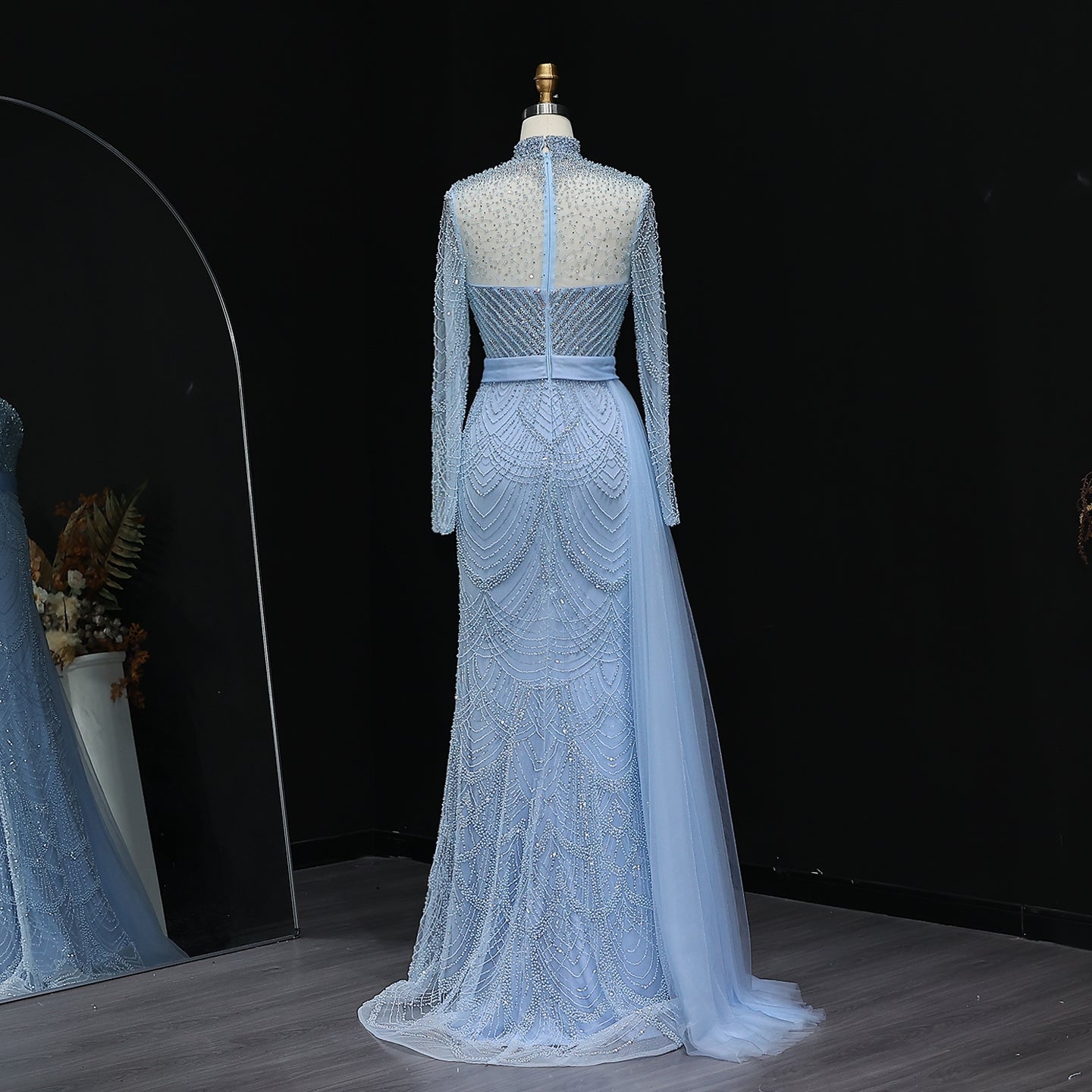 Tehilla Blue Long Sleeve High Neck Evening Dress