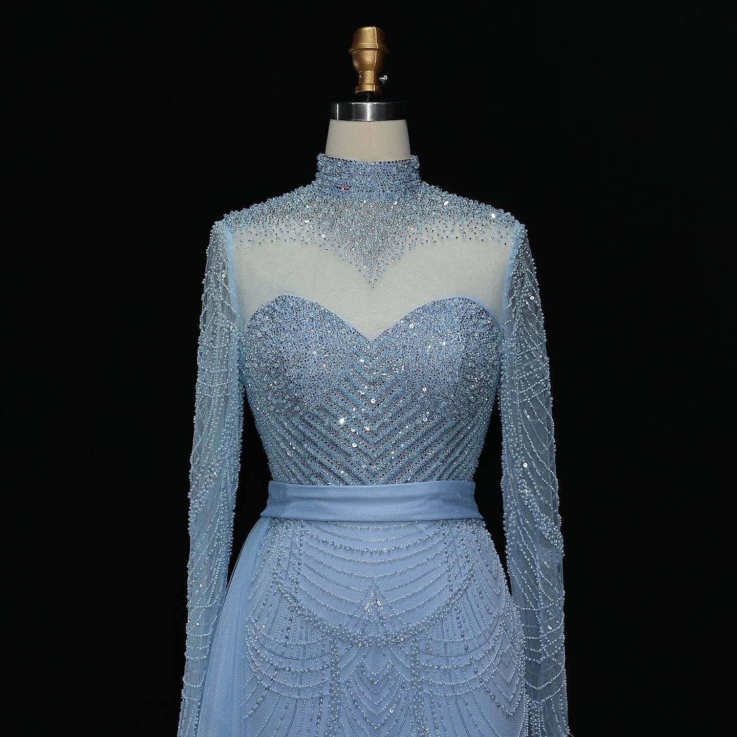 Tehilla Blue Long Sleeve High Neck Evening Dress