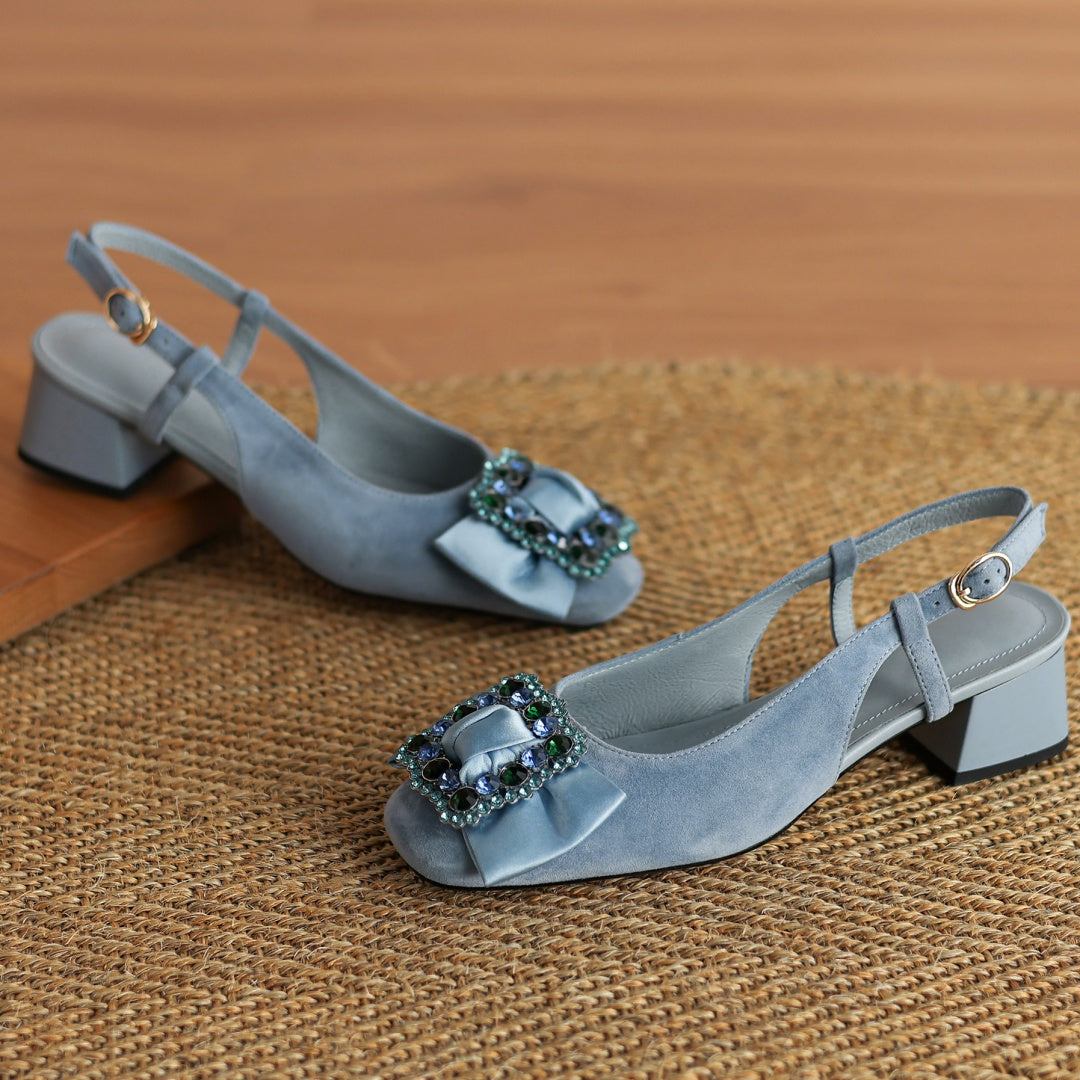 Erica Blue Bow Natural Flock Slingback Sandals