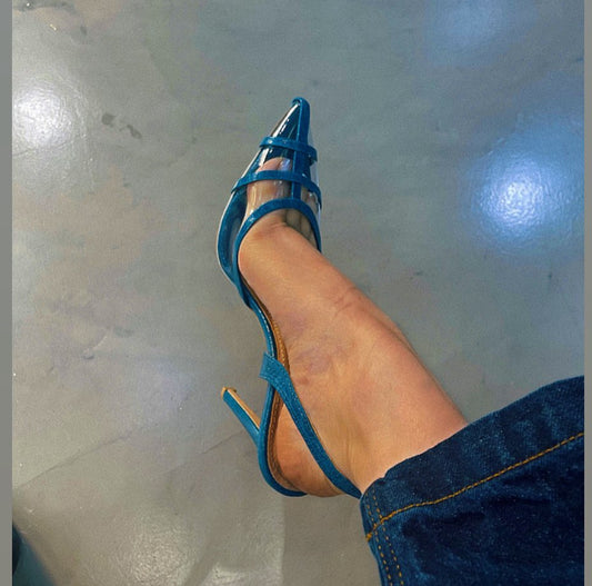 Khalidah Blue Slingback PVC Flock Leather Sandals