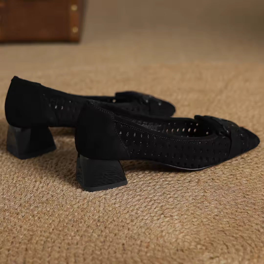 Crochet Black Leather Buckle Pump