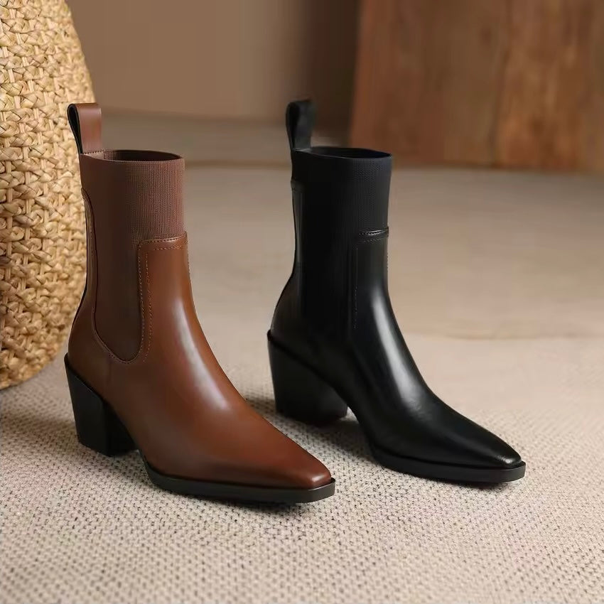 Bonnie Black Leather Elastic Knit Patch Boots