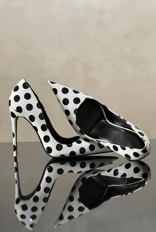 Marcella White & Black Polka-Dot Pointed Toe Heels