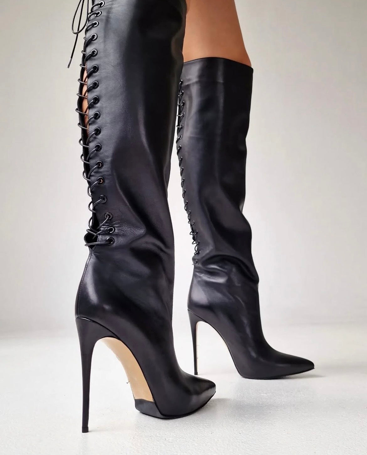 Haley Black Lace-up Knee High Boots