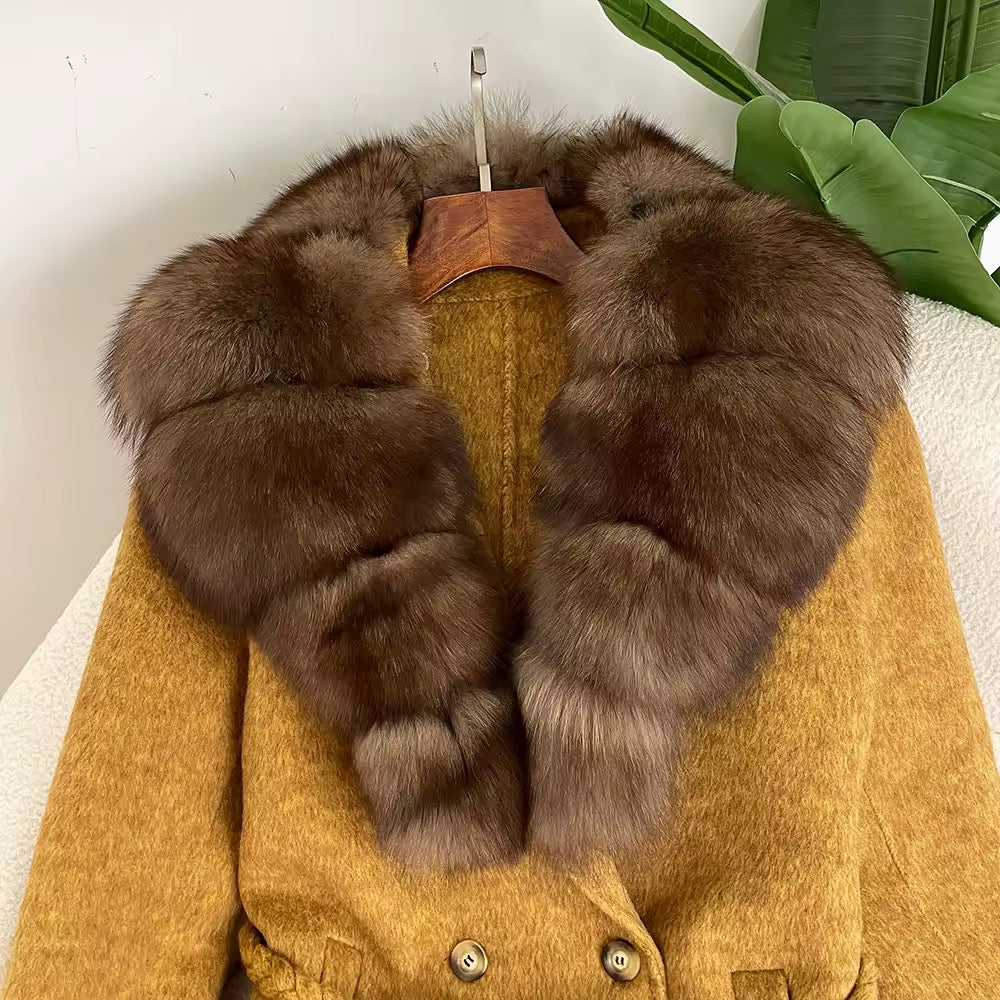 Michal Yellow Lapel Wool Fur Coat