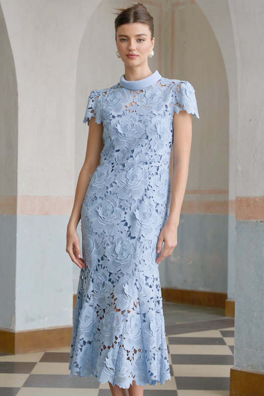 Ailani Blue Floral Applique Lace Midi Dress