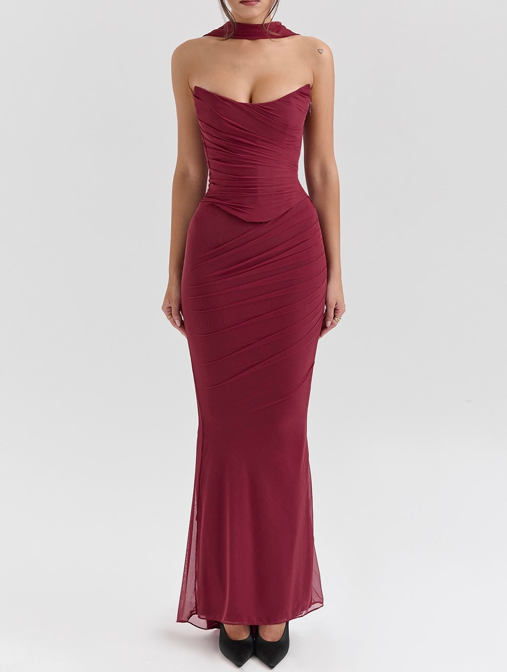 Tiara Burgundy Strapless Mesh Set Maxi Dress