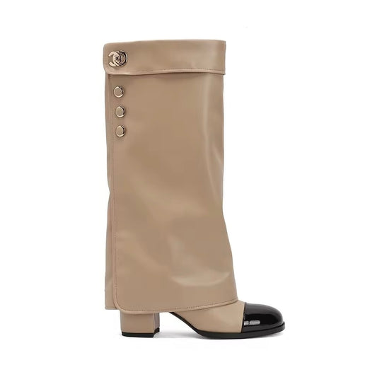 Monique Beige Knee High Chunky Heel Leather Boots