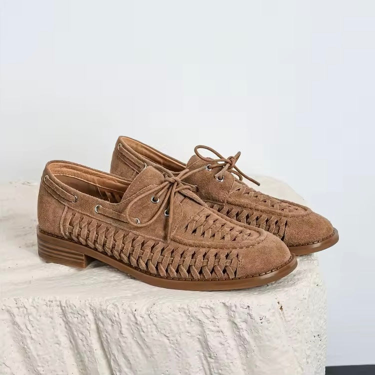 Ruth Tan Woven Suede Lace-up Loafers