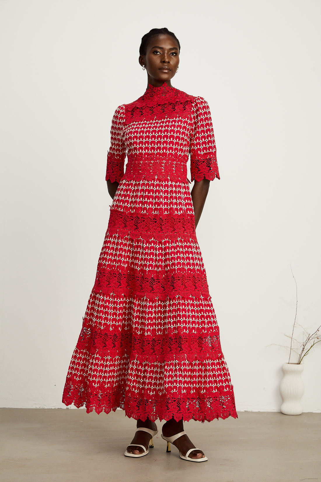 Karlie Red Embroidered Lace-Panel Midi Dress