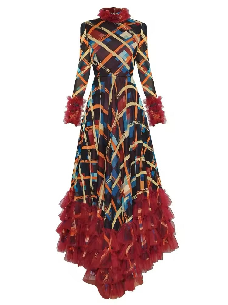 Raphaella High Collar Plaid Print Mesh Ruffle Maxi Dress