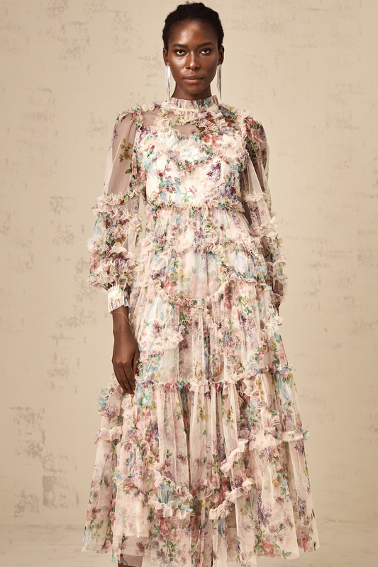 Alesha Floral Ruffled Tulle Midi Dress