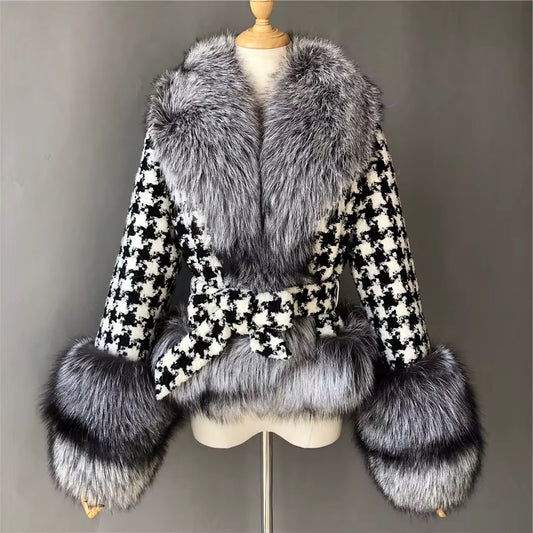Joanna Black-White Short Plaid Woolen Fur Coat
