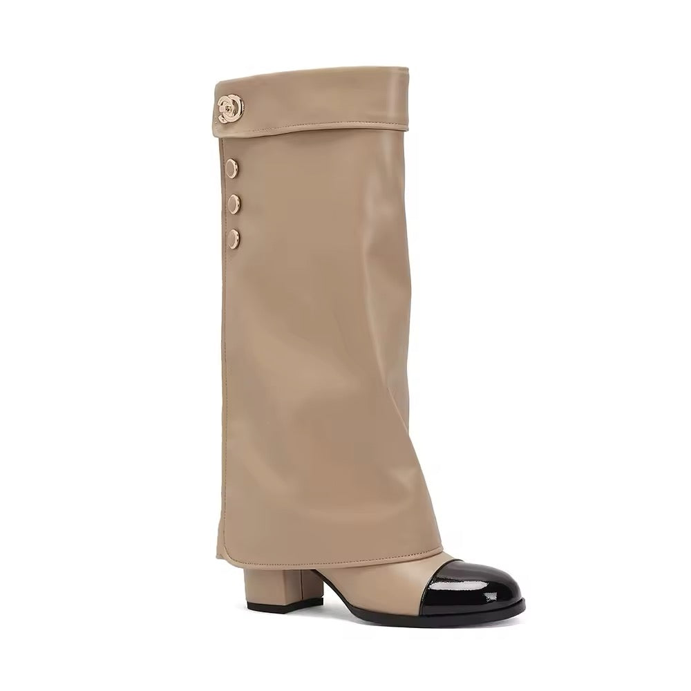 Monique Beige Knee High Chunky Heel Leather Boots