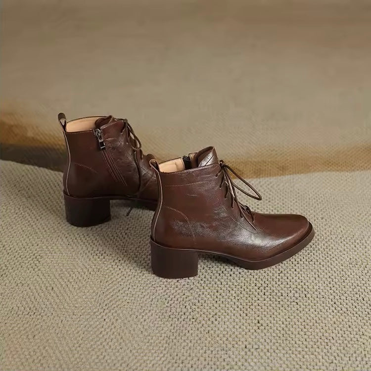 Esther Brown Round-Toe Block Heel Boots