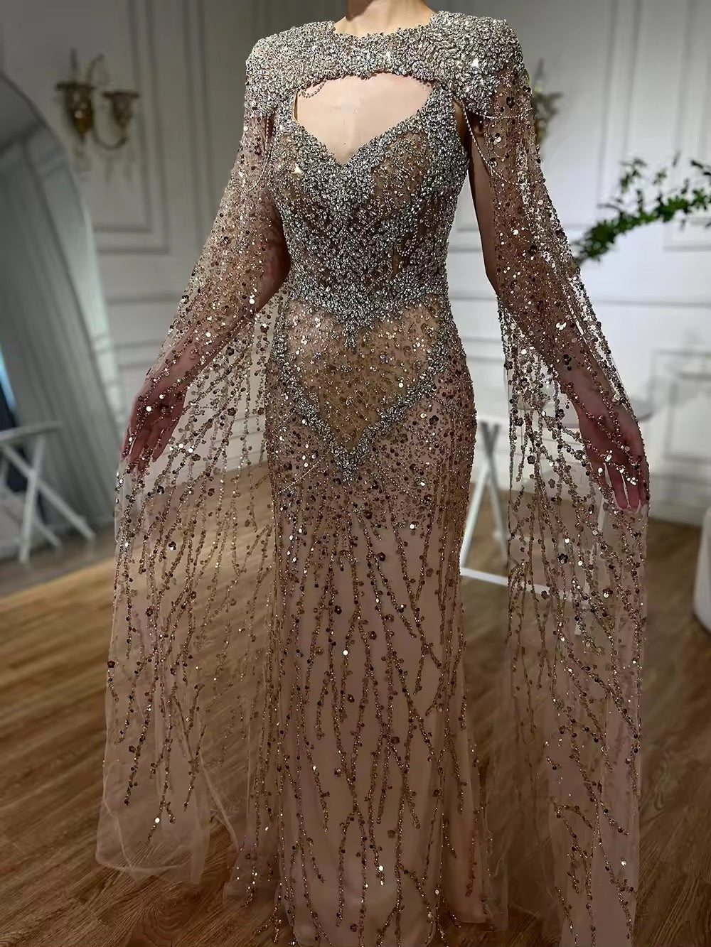 Lena Nude Mermaid Beaded Crystal Evening Dress