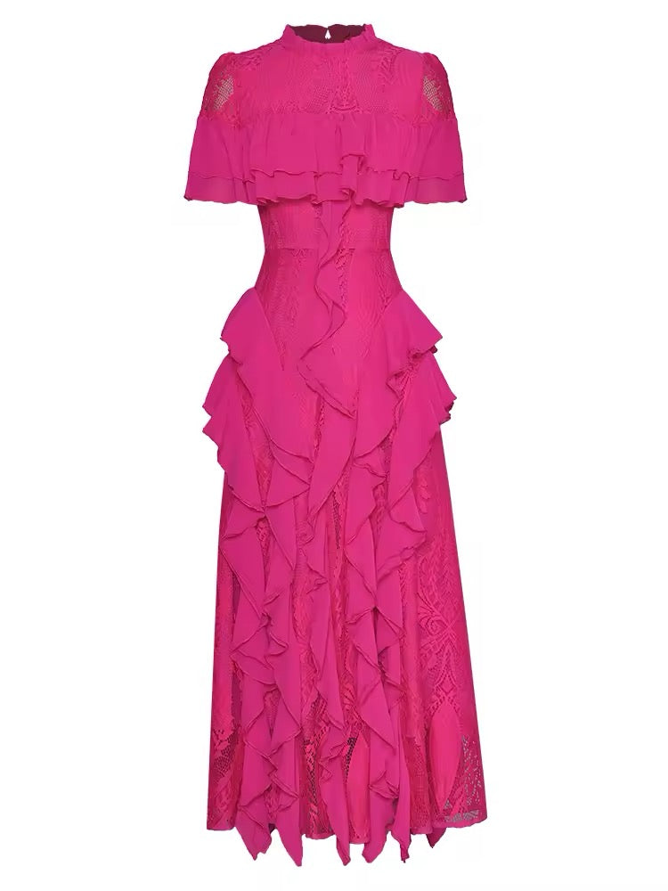 Oriana Pink Solid Lace Frill Midi Dress