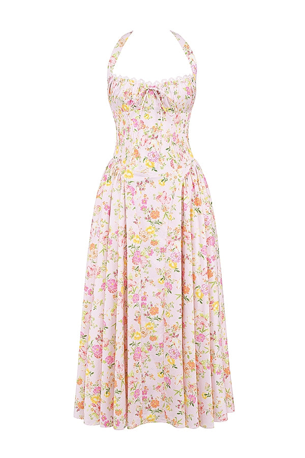 Christina Pink Meadow Print Halter Midi Dress