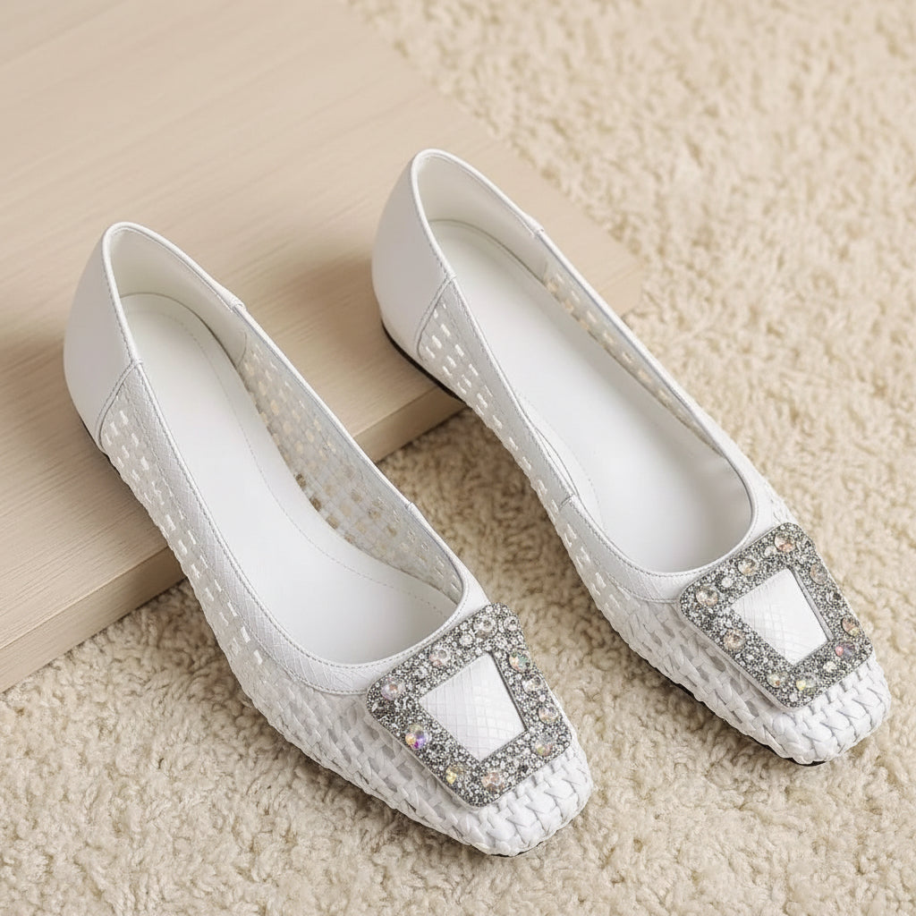 Mikela white Rhinestone Buckle Ballet Flats