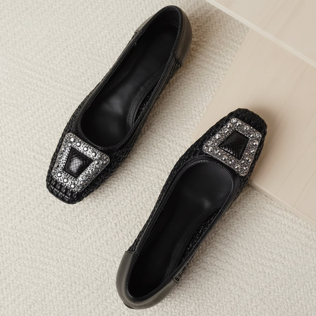 Mikela Black Rhinestone Buckle Ballet Flats