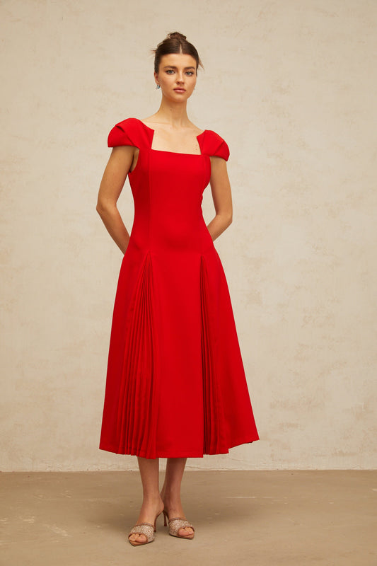 Yakira Red Pleated Midi Dress