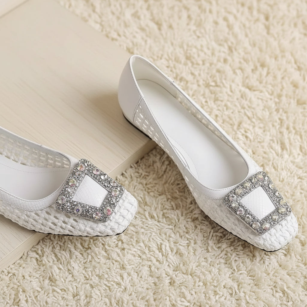 Mikela white Rhinestone Buckle Ballet Flats