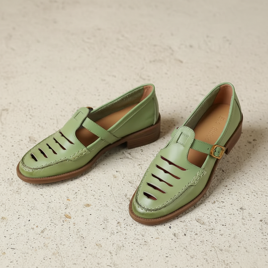 Willow Green Retro T-Bar Cutout Loafers