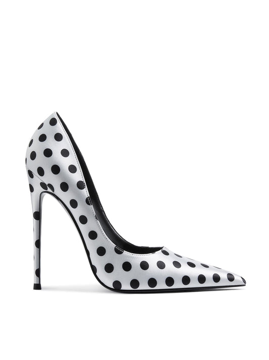 Marcella Satin White & Black Polka-Dot Pointed Toe Heels