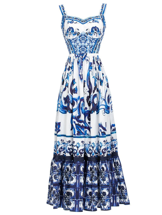 Azura Blue Printed Sleeveless Maxi Dress