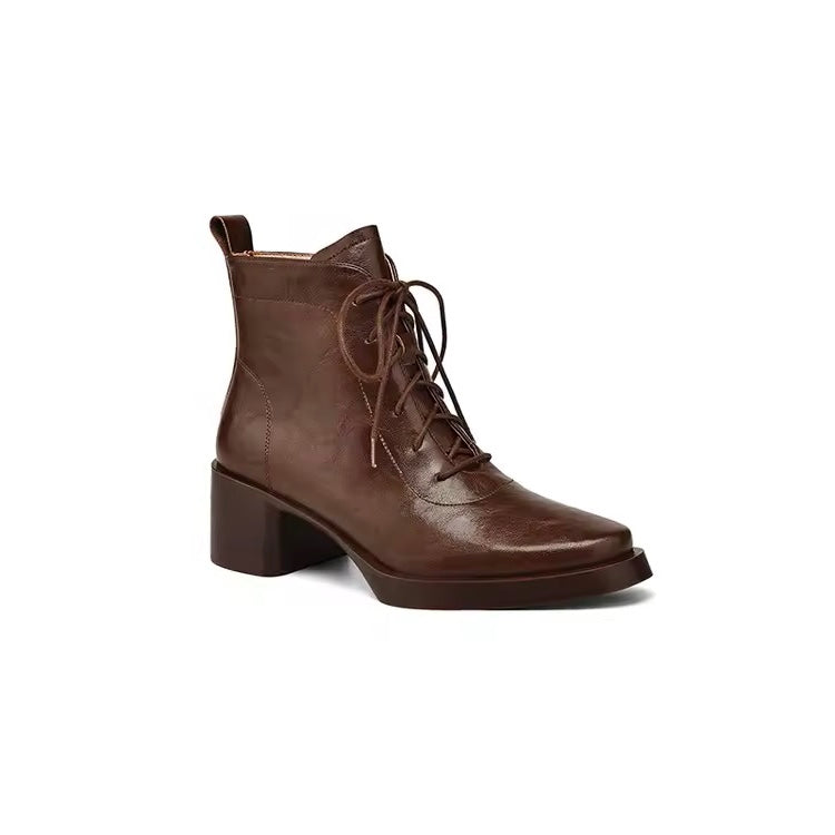 Esther Brown Round-Toe Block Heel Boots