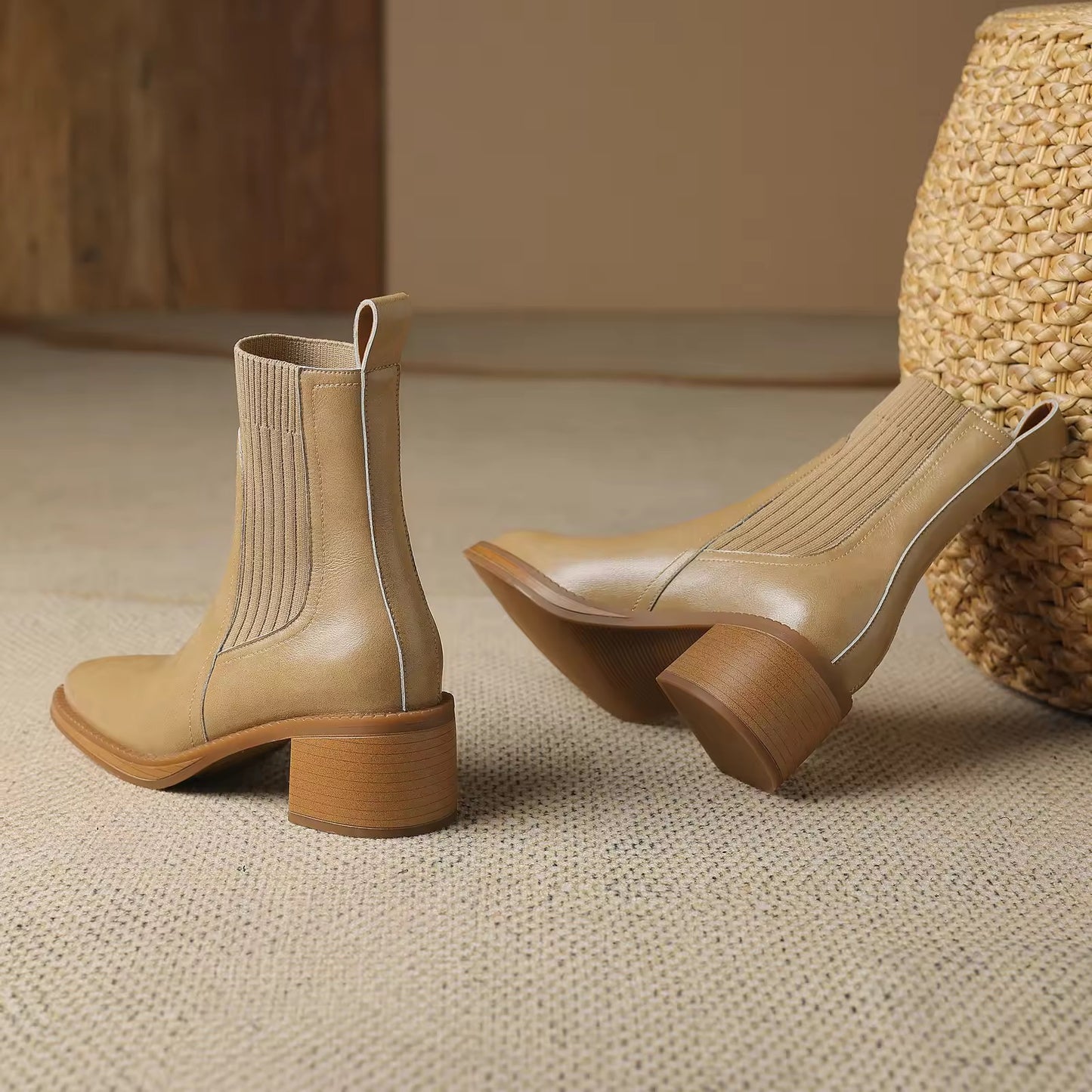Athaliah Beige Leather Knit Patch Boot